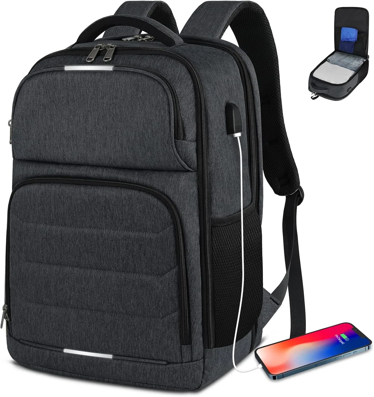 SDYSM Laptop Backpack 17.3 Inch TSA Friendly Travel Backpack for Men Women Waterproof Work College Business Bag with USB Charging Port Anti Theft Large Computer Carry On Backpack, Black