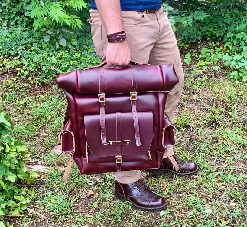 Seidel Oxblood Double Shot Rolltop Expedition Backpack with Lateral Cargo Compartments