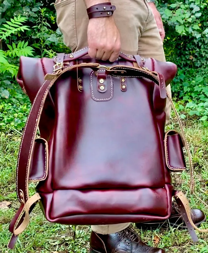 Seidel Oxblood Double Shot Rolltop Expedition Backpack with Lateral Cargo Compartments