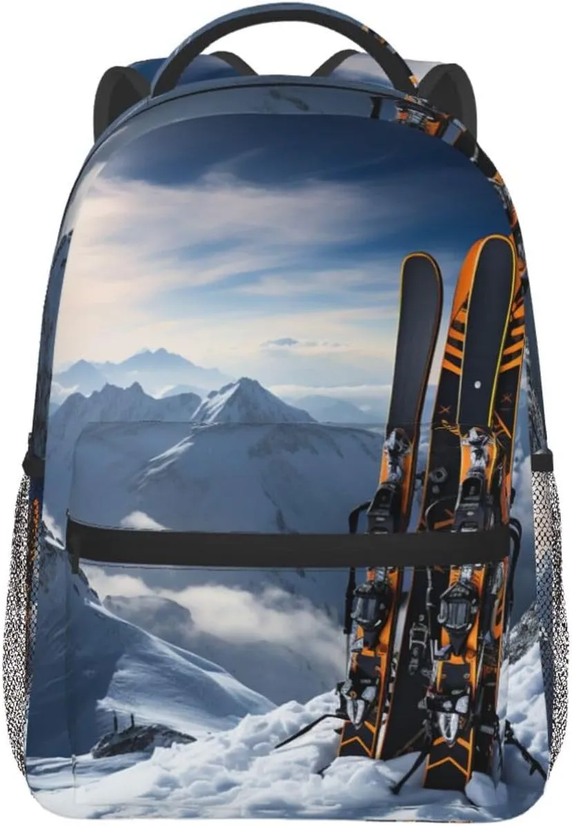 Skis on mountain Backpack for Men Women Casual Daypack Laptop Backpack Computer Bag Travel Laptop Bag