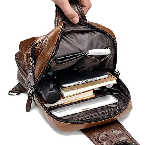 Small Brown Sling Crossbody Backpack, USB Charger