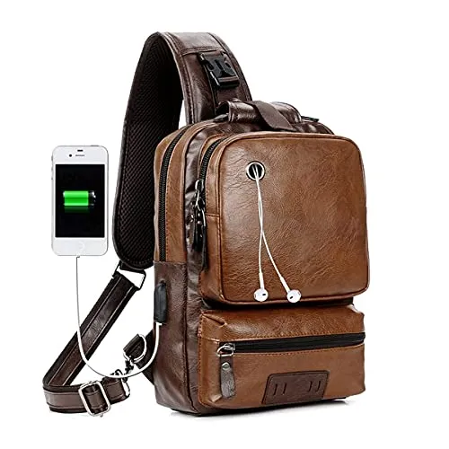 Small Brown Sling Crossbody Backpack, USB Charger