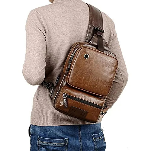 Small Brown Sling Crossbody Backpack, USB Charger