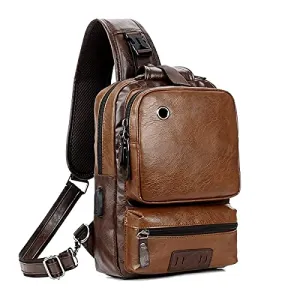 Small Brown Sling Crossbody Backpack, USB Charger