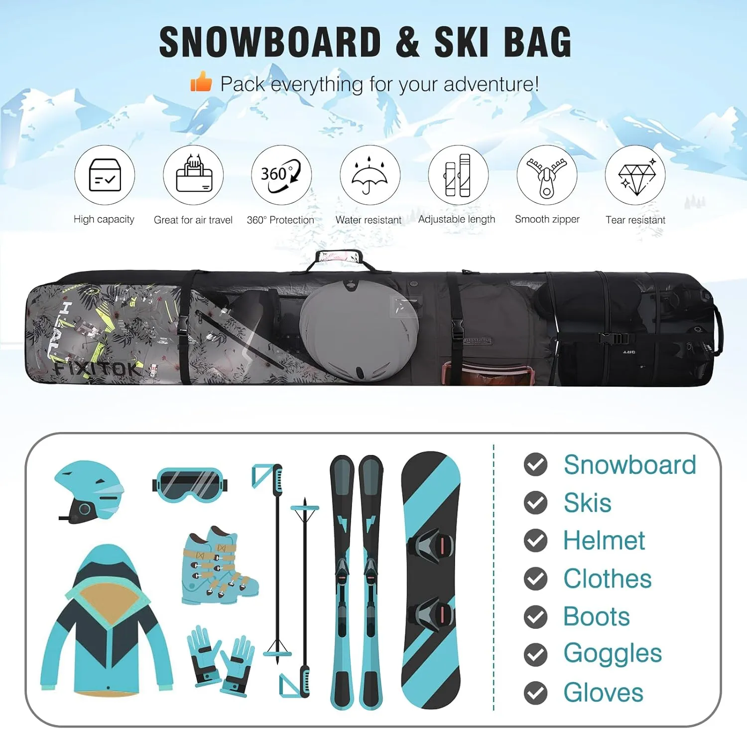 Snowboard & Ski Bag for Air Travel, Waterproof Full Padded Snowboard Bag Fit Board, Boots, Clothes, Helmet and Gear, Adjustable Length Ski Bag(157CM-181CM)
