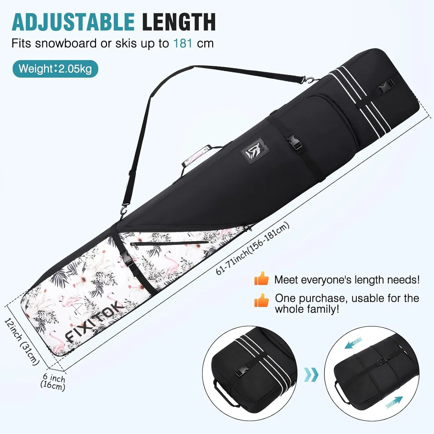 Snowboard & Ski Bag for Air Travel, Waterproof Full Padded Snowboard Bag Fit Board, Boots, Clothes, Helmet and Gear, Adjustable Length Ski Bag(157CM-181CM)
