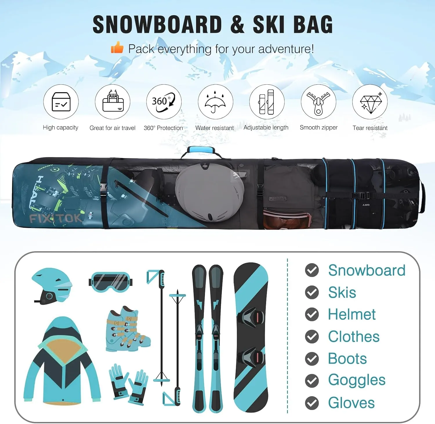 Snowboard & Ski Bag for Air Travel, Waterproof Full Padded Snowboard Bag Fit Board, Boots, Clothes, Helmet and Gear, Adjustable Length Ski Bag(157CM-181CM)