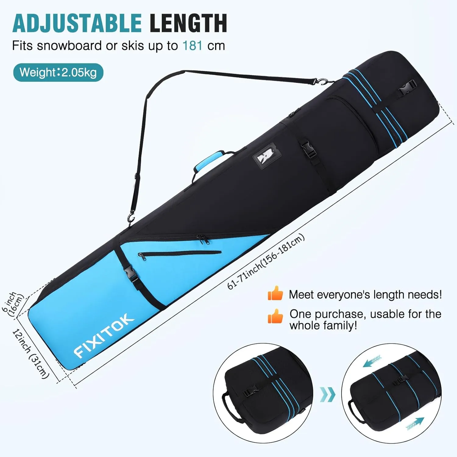 Snowboard & Ski Bag for Air Travel, Waterproof Full Padded Snowboard Bag Fit Board, Boots, Clothes, Helmet and Gear, Adjustable Length Ski Bag(157CM-181CM)