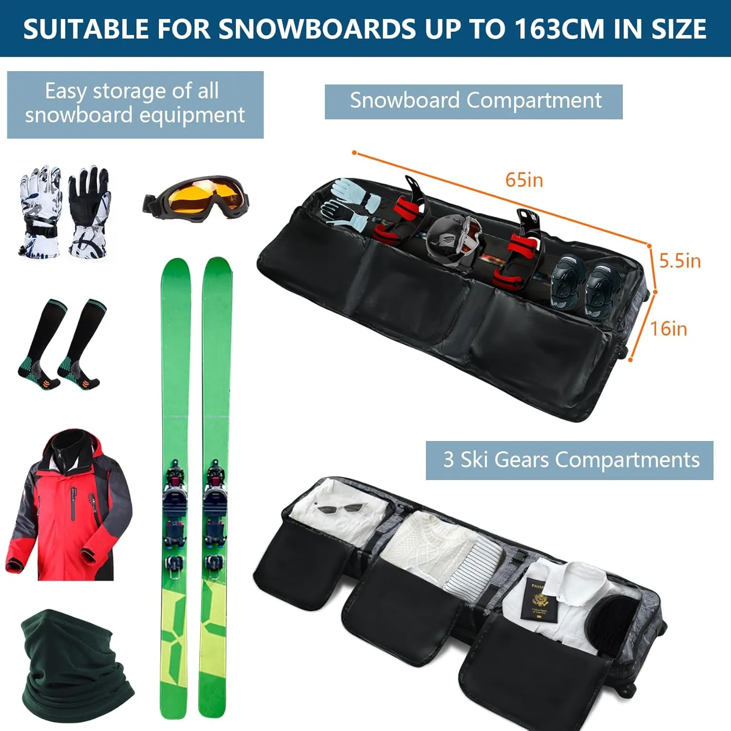 Snowboard Bag Padded, 166cm 600D Waterproof Snowboard Travel Bag with Wheels-Snowboard Bag for Air Travel,Ski Bag Adult for Skis, Boots, Snowboards, Wax, Outerwear