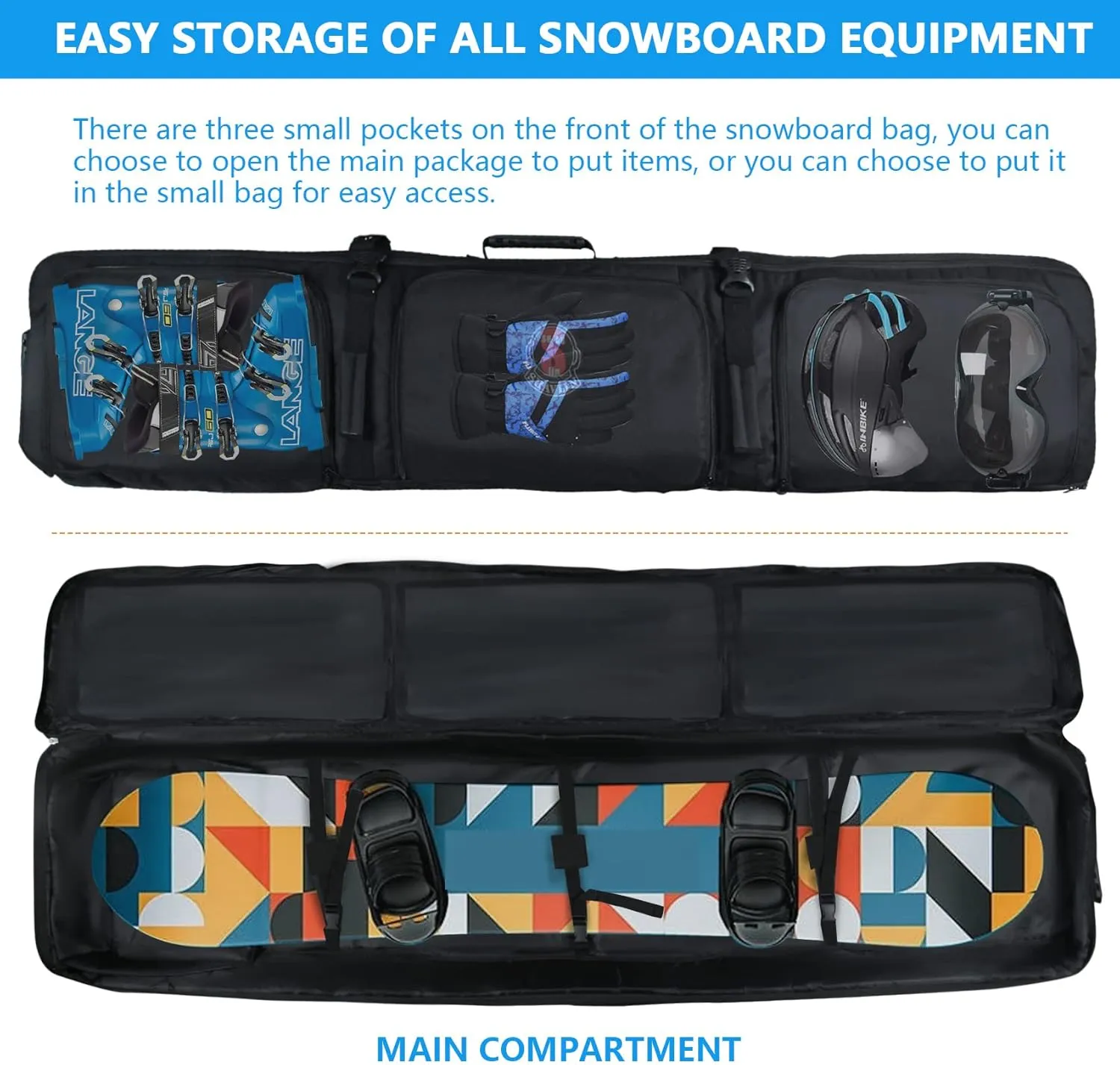 Snowboard Bag Padded, 166cm 600D Waterproof Snowboard Travel Bag with Wheels-Snowboard Bag for Air Travel,Ski Bag Adult for Skis, Boots, Snowboards, Wax, Outerwear