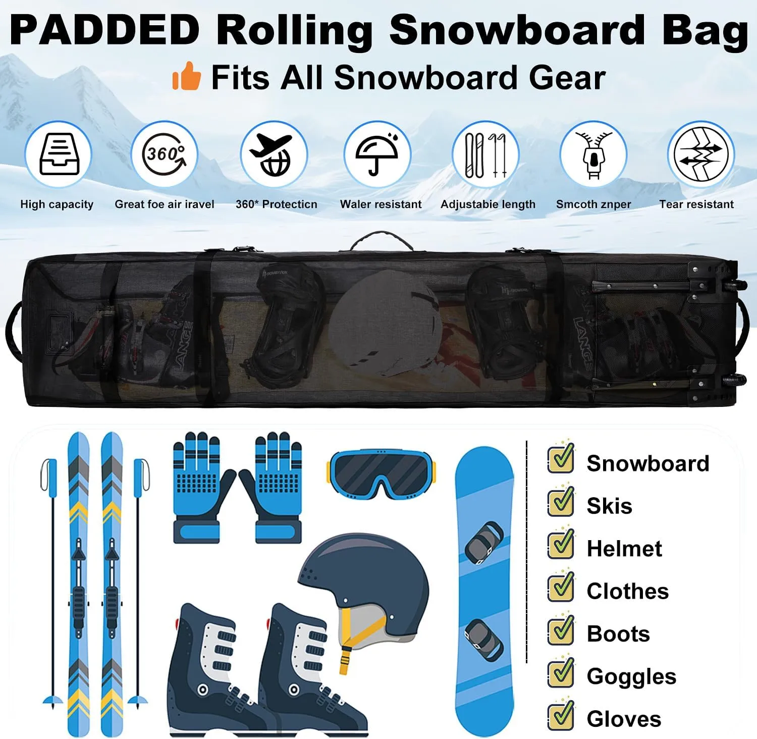 Snowboard Bag with Wheels, Padded Roller Snowboard Bag for Single Snowboard and Snowboard Boots,Available Length in 160cm and 170cm.
