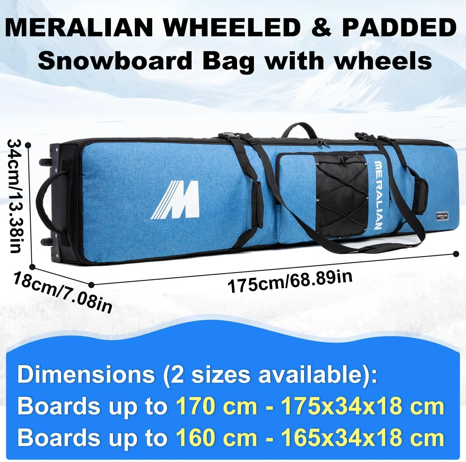 Snowboard Bag with Wheels, Padded Roller Snowboard Bag for Single Snowboard and Snowboard Boots,Available Length in 160cm and 170cm.