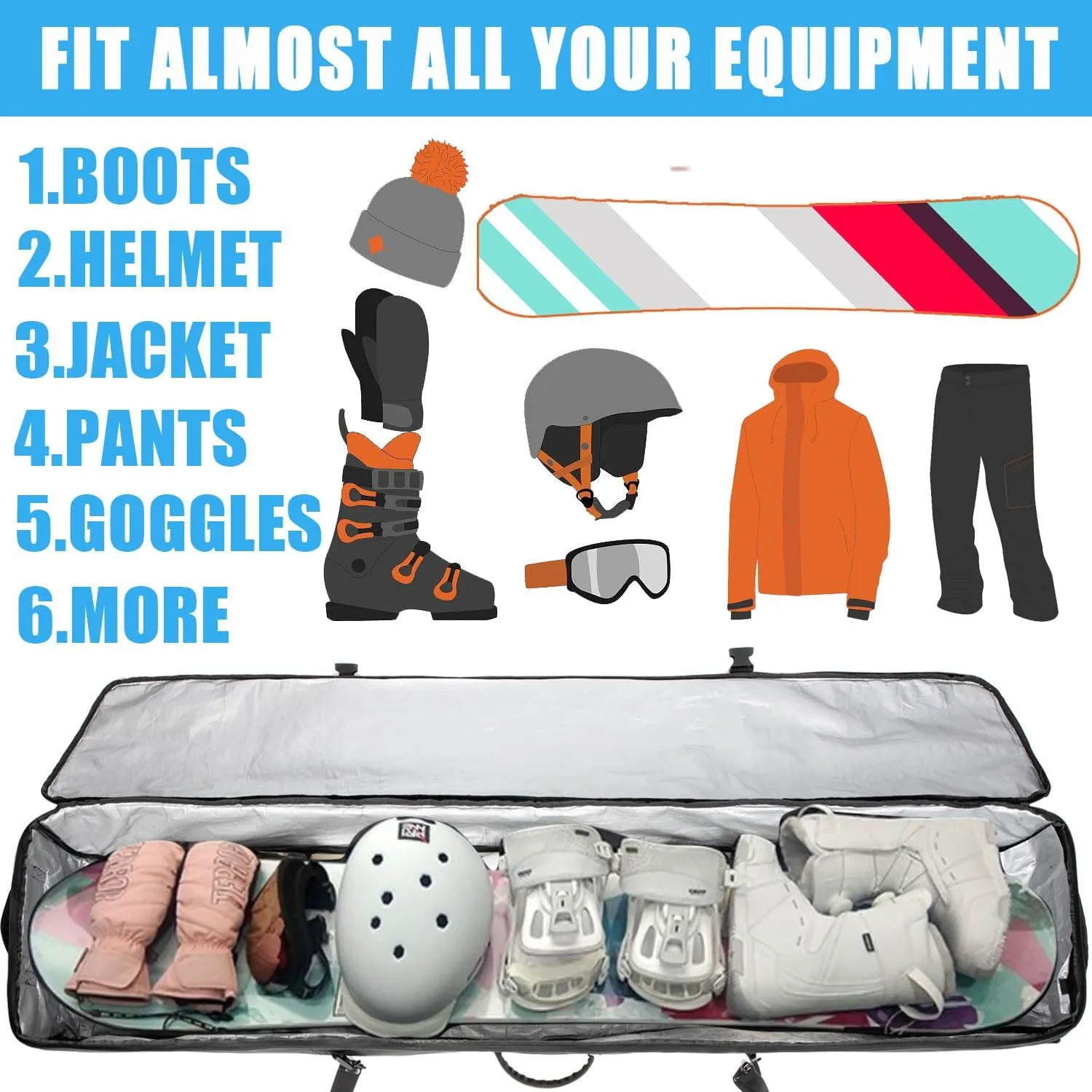 Snowboard Bag with Wheels,Heavy Duty 600D Polyester Oxford Wear-Resistant,Padded Snowboard Bag for Single Snowboard and Snowboard Boots.