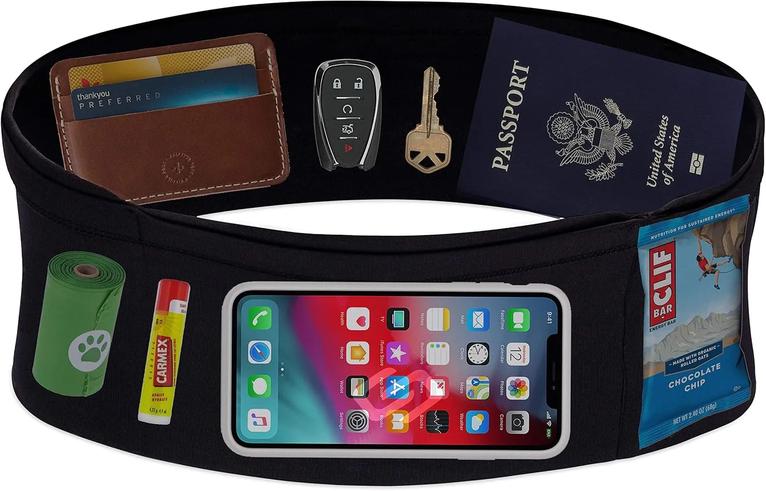 Sporteer VersaMax Running Belt, Travel Belt, Workout Waist Pack - Large Security Pockets Fit All Smartphones, Money, Passport, and Other Valuable Items (Black, Medium)