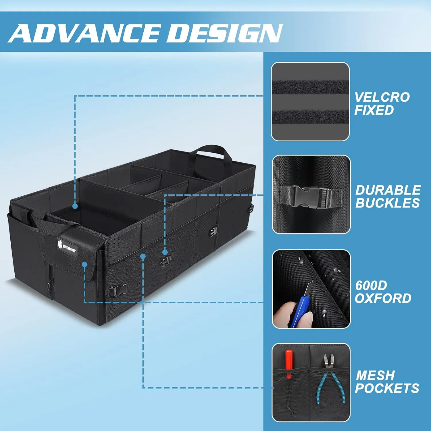 Sposuit Trunk Organizer with Insulated Leakproof Cooler Bag, 98L Collapsible Car Storage Large Trunk Organizer for Car SUV Van with Removable Dividers & Adjustable Securing Straps