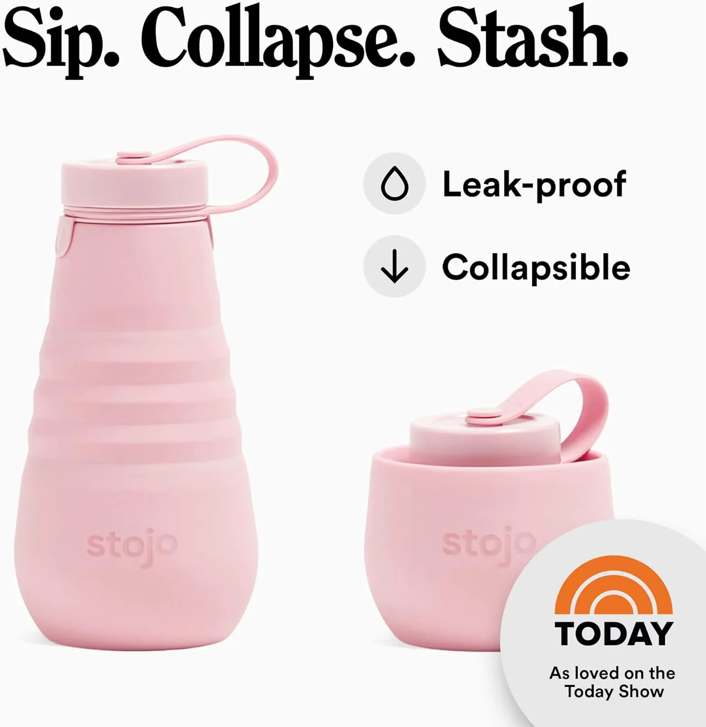 STOJO Collapsible Water Bottle – Carnation Pink, 20oz / 592ml - Leak-Proof Reusable Silicone Travel Cup for Hot & Cold Drinks - Microwave & Dishwasher Safe