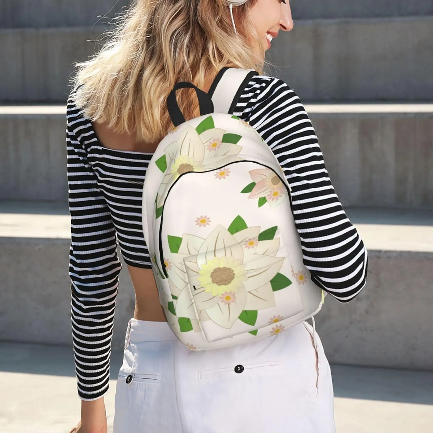 Stylish Canvas Casual Lightweight Backpack For Men, Women,Blooming Hexagonal White Laptop Travel Rucksack