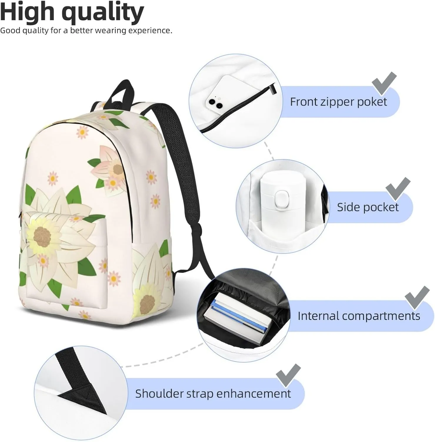 Stylish Canvas Casual Lightweight Backpack For Men, Women,Blooming Hexagonal White Laptop Travel Rucksack