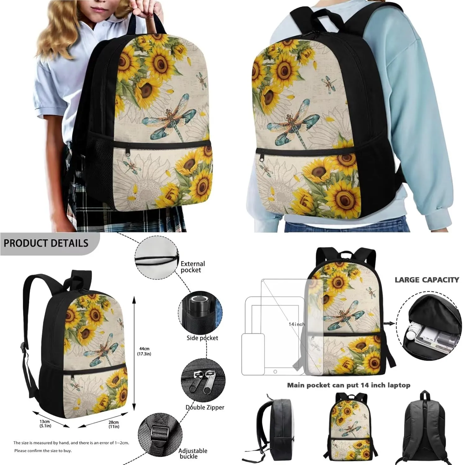 Suobstales Dragonfly Sunflower Print Backpack for Girls Boys Kids 4 Pack School Bag with Lunch Box Pencil Case Water Bottle Sleeve Set Middle High School Bookbag Travel Daypack Satchel Shoulder Bags