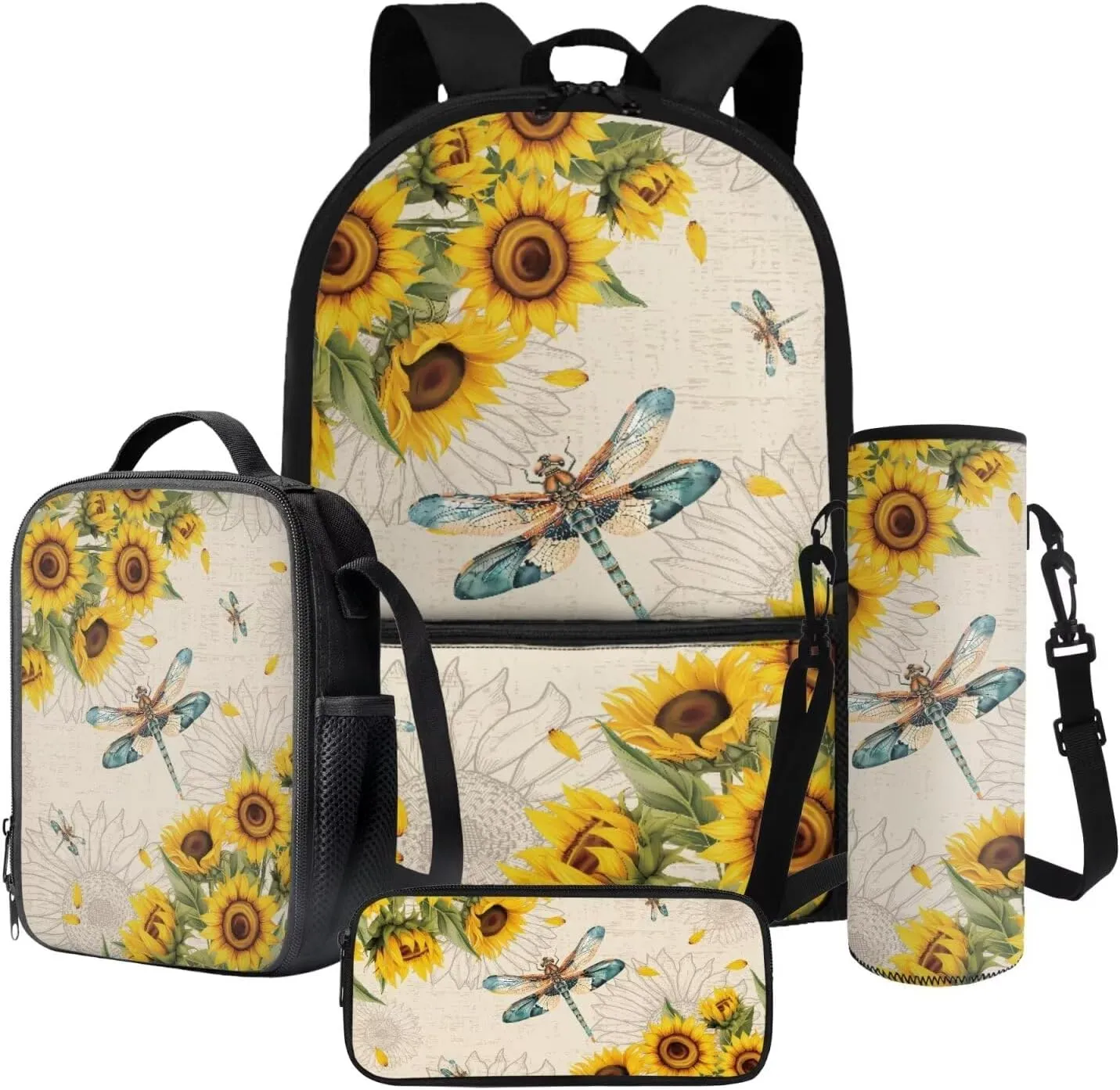 Suobstales Dragonfly Sunflower Print Backpack for Girls Boys Kids 4 Pack School Bag with Lunch Box Pencil Case Water Bottle Sleeve Set Middle High School Bookbag Travel Daypack Satchel Shoulder Bags