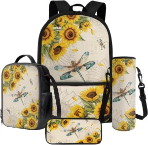 Suobstales Dragonfly Sunflower Print Backpack for Girls Boys Kids 4 Pack School Bag with Lunch Box Pencil Case Water Bottle Sleeve Set Middle High School Bookbag Travel Daypack Satchel Shoulder Bags