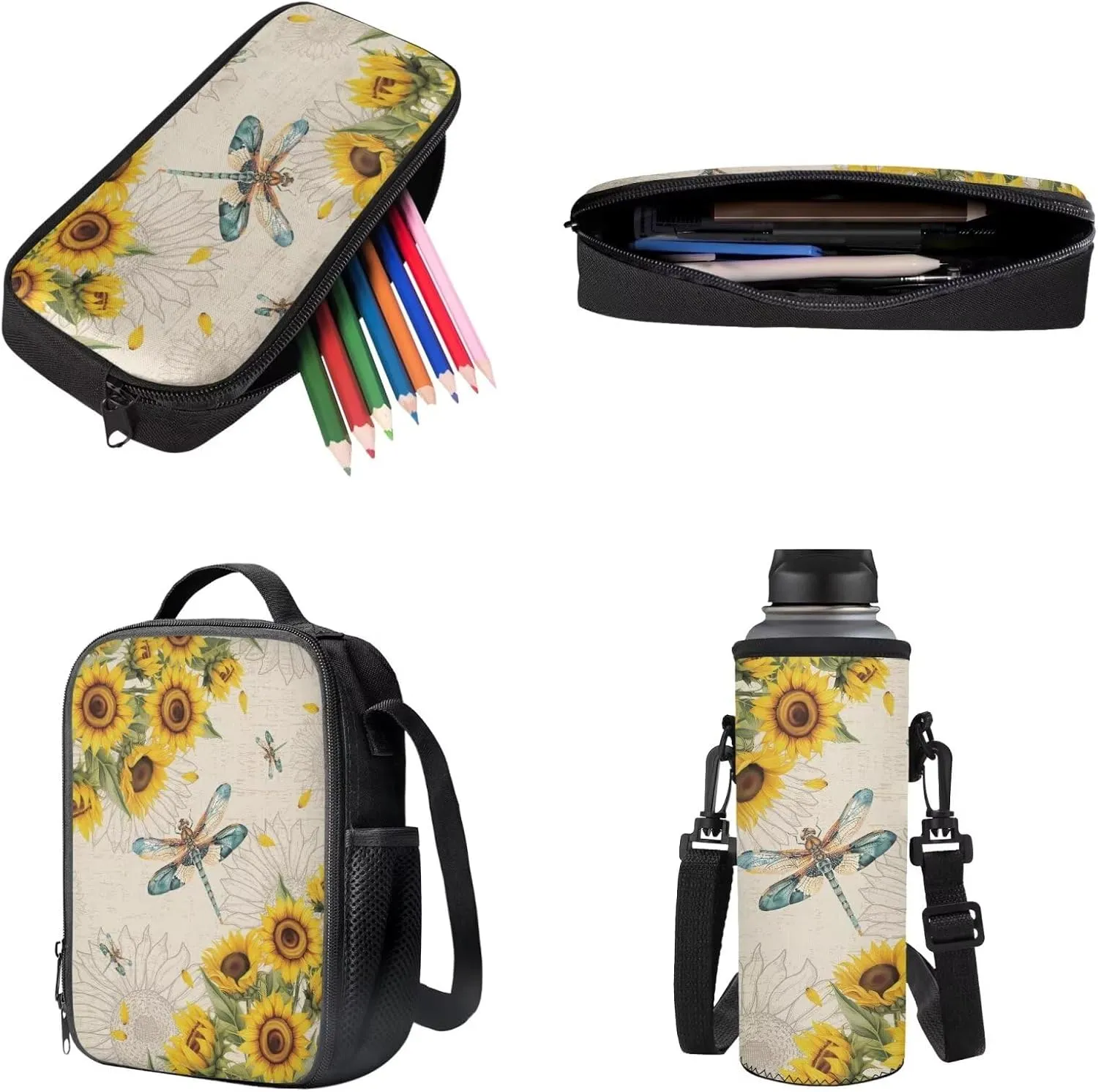 Suobstales Dragonfly Sunflower Print Backpack for Girls Boys Kids 4 Pack School Bag with Lunch Box Pencil Case Water Bottle Sleeve Set Middle High School Bookbag Travel Daypack Satchel Shoulder Bags