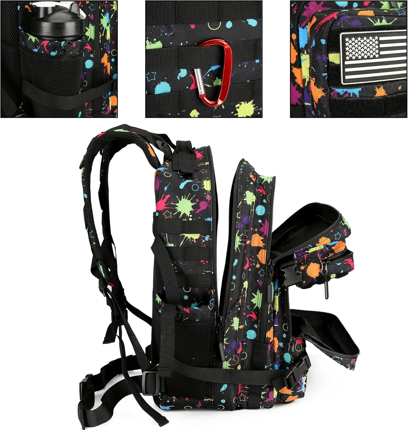 Tactical Assault Backpack - 45L 3 Day Assault Pack with MOLLE, Waterproof Rucksack - Fluorescent Tie Dye
