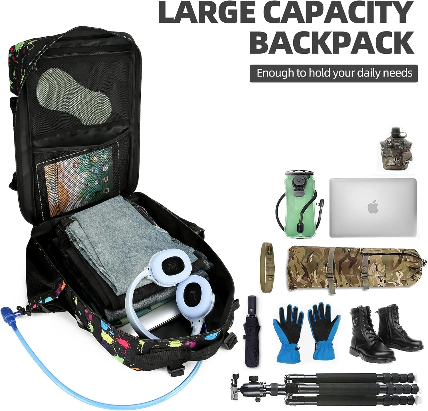 Tactical Assault Backpack - 45L 3 Day Assault Pack with MOLLE, Waterproof Rucksack - Fluorescent Tie Dye