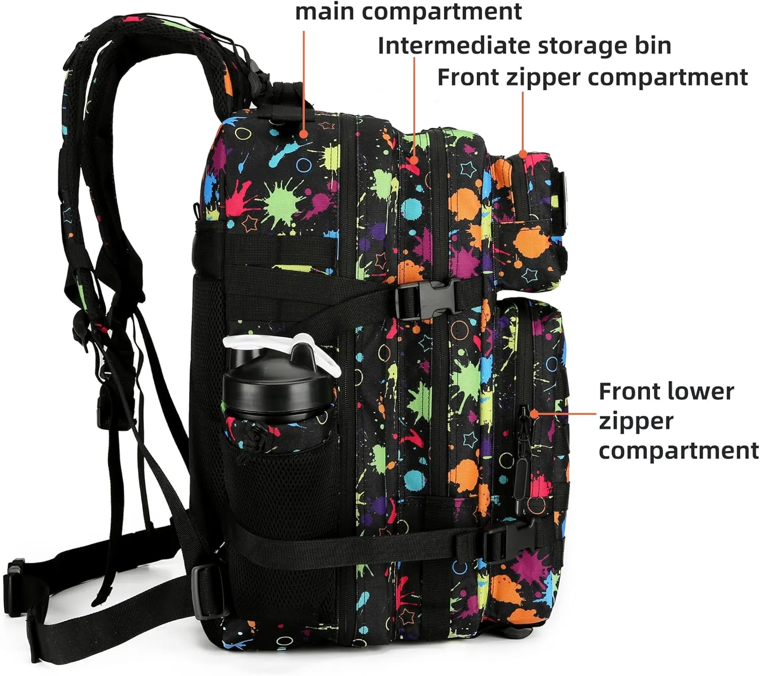 Tactical Assault Backpack - 45L 3 Day Assault Pack with MOLLE, Waterproof Rucksack - Fluorescent Tie Dye
