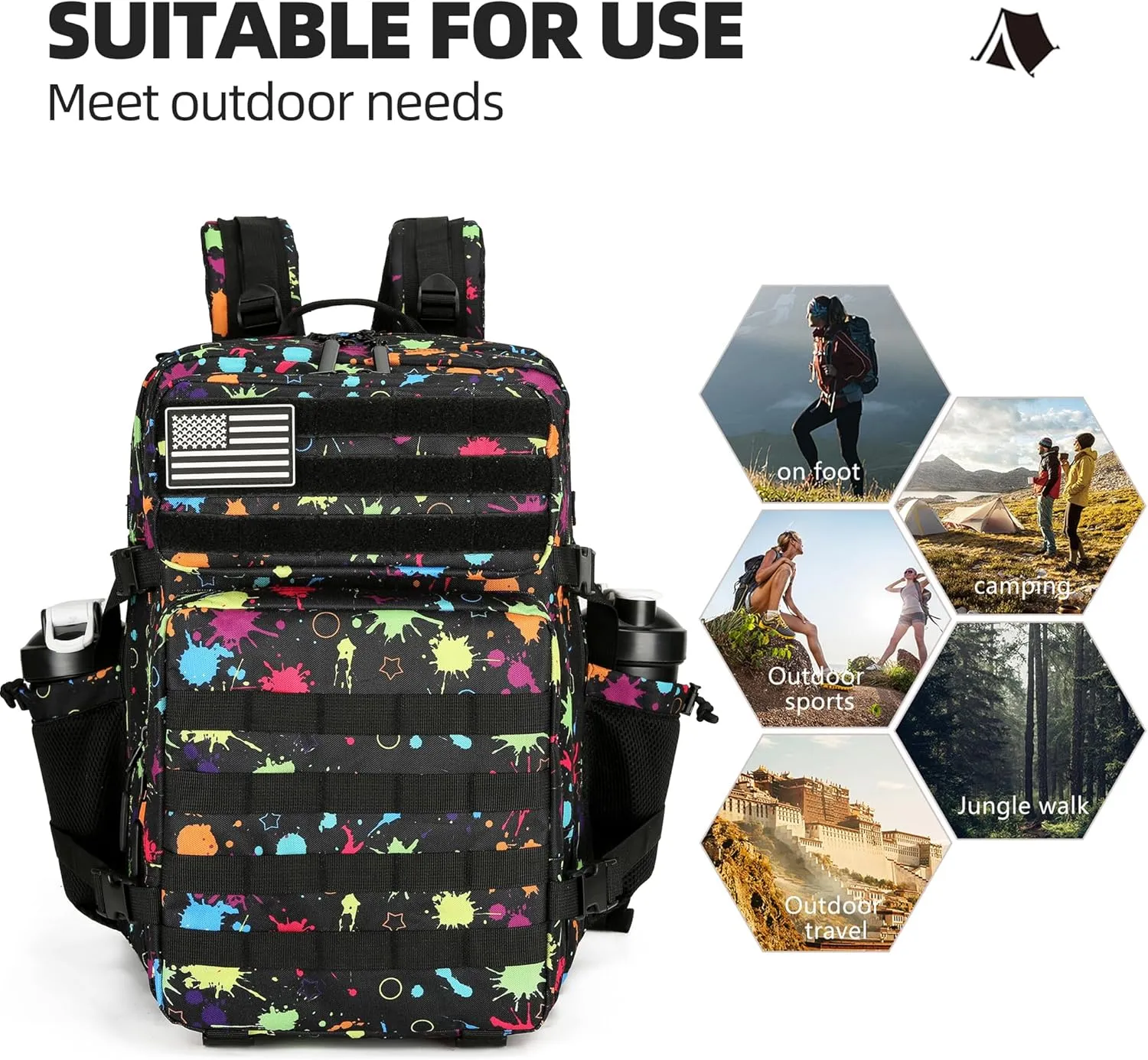 Tactical Assault Backpack - 45L 3 Day Assault Pack with MOLLE, Waterproof Rucksack - Fluorescent Tie Dye