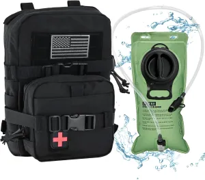 Tactical Mini Molle Hydration Pack,Molle Hydration Carrier with IFAK Pouch&US Flag&Med Patch,Hydropack for 2L Water Bladder
