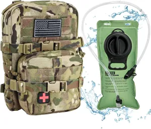 Tactical Mini Molle Hydration Pack,Molle Hydration Carrier with IFAK Pouch&US Flag&Med Patch,Hydropack for 2L Water Bladder