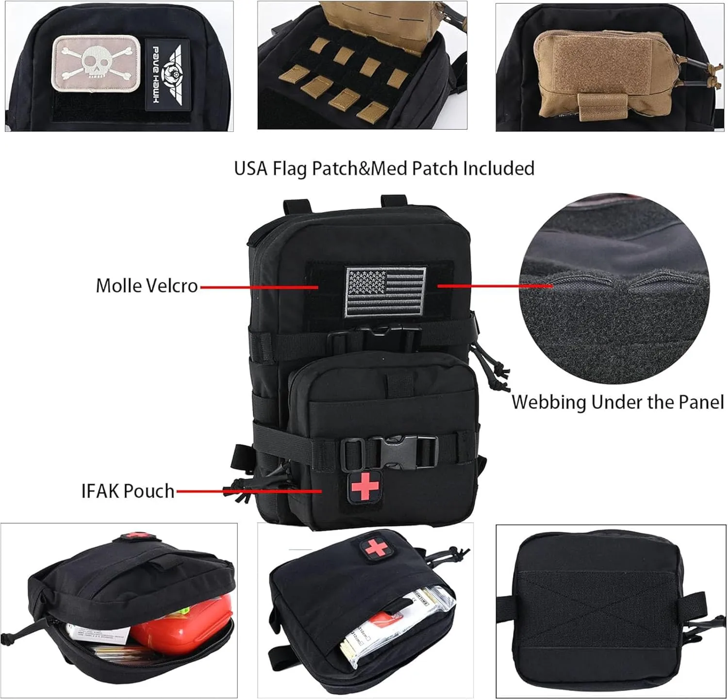 Tactical Mini Molle Hydration Pack,Molle Hydration Carrier with IFAK Pouch&US Flag&Med Patch,Hydropack for 2L Water Bladder