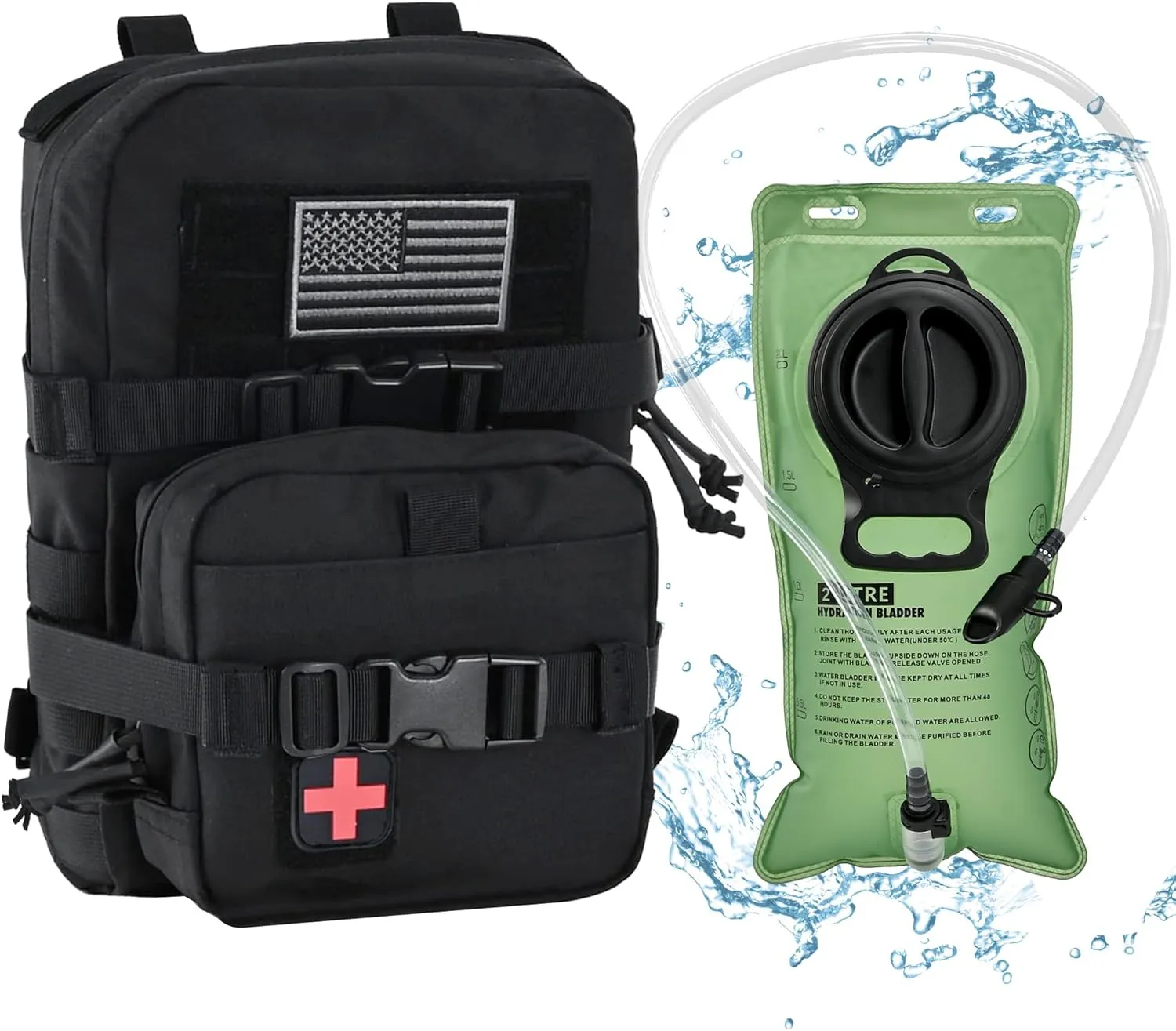 Tactical Mini Molle Hydration Pack,Molle Hydration Carrier with IFAK Pouch&US Flag&Med Patch,Hydropack for 2L Water Bladder