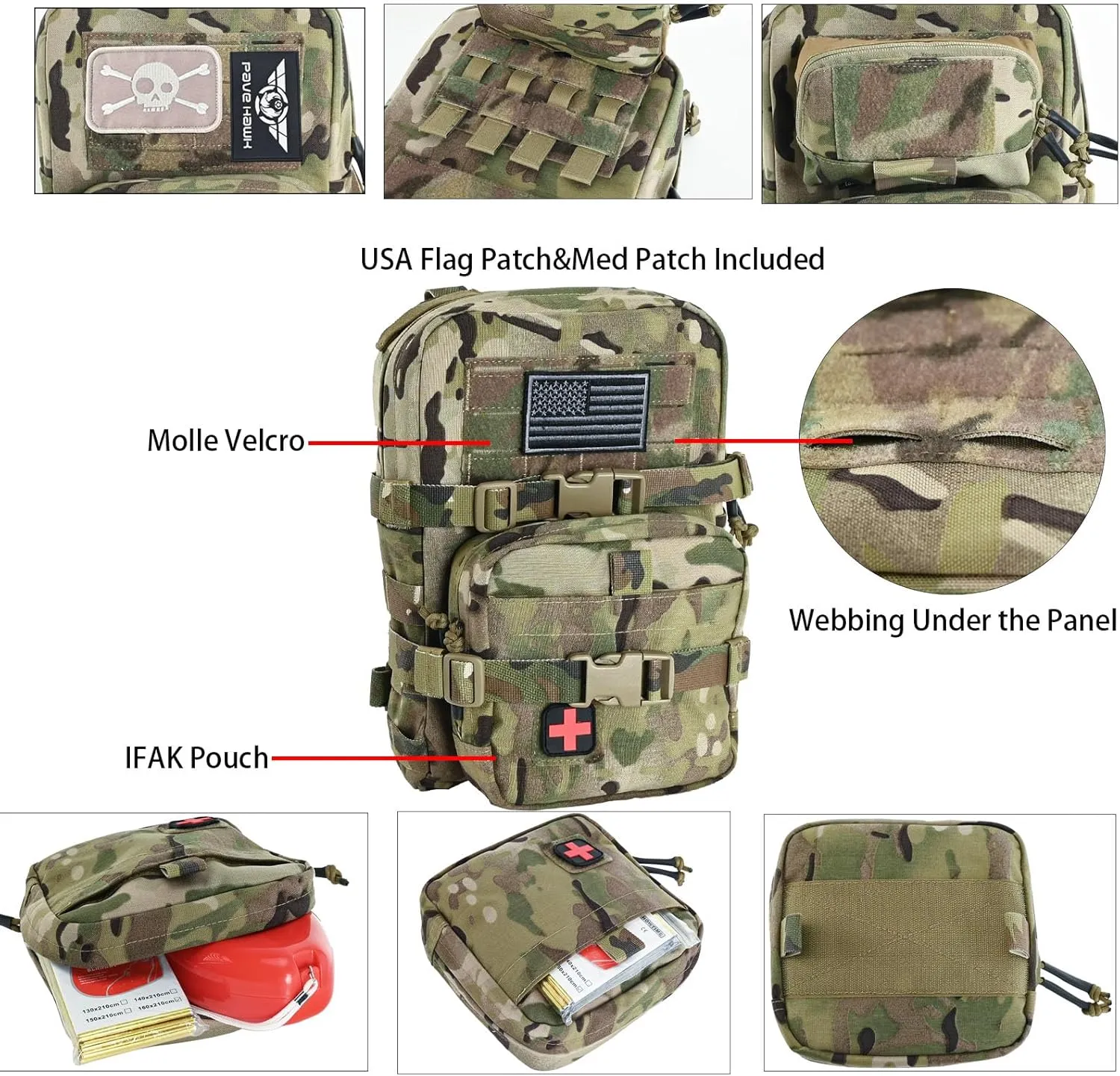 Tactical Mini Molle Hydration Pack,Molle Hydration Carrier with IFAK Pouch&US Flag&Med Patch,Hydropack for 2L Water Bladder