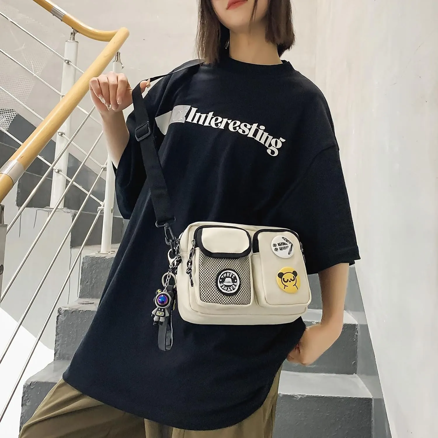 Teclado Fashion Crossbody Bag with Cute Accessories Casual Shoulder Bag with Pendants Purse Travel Daypacks