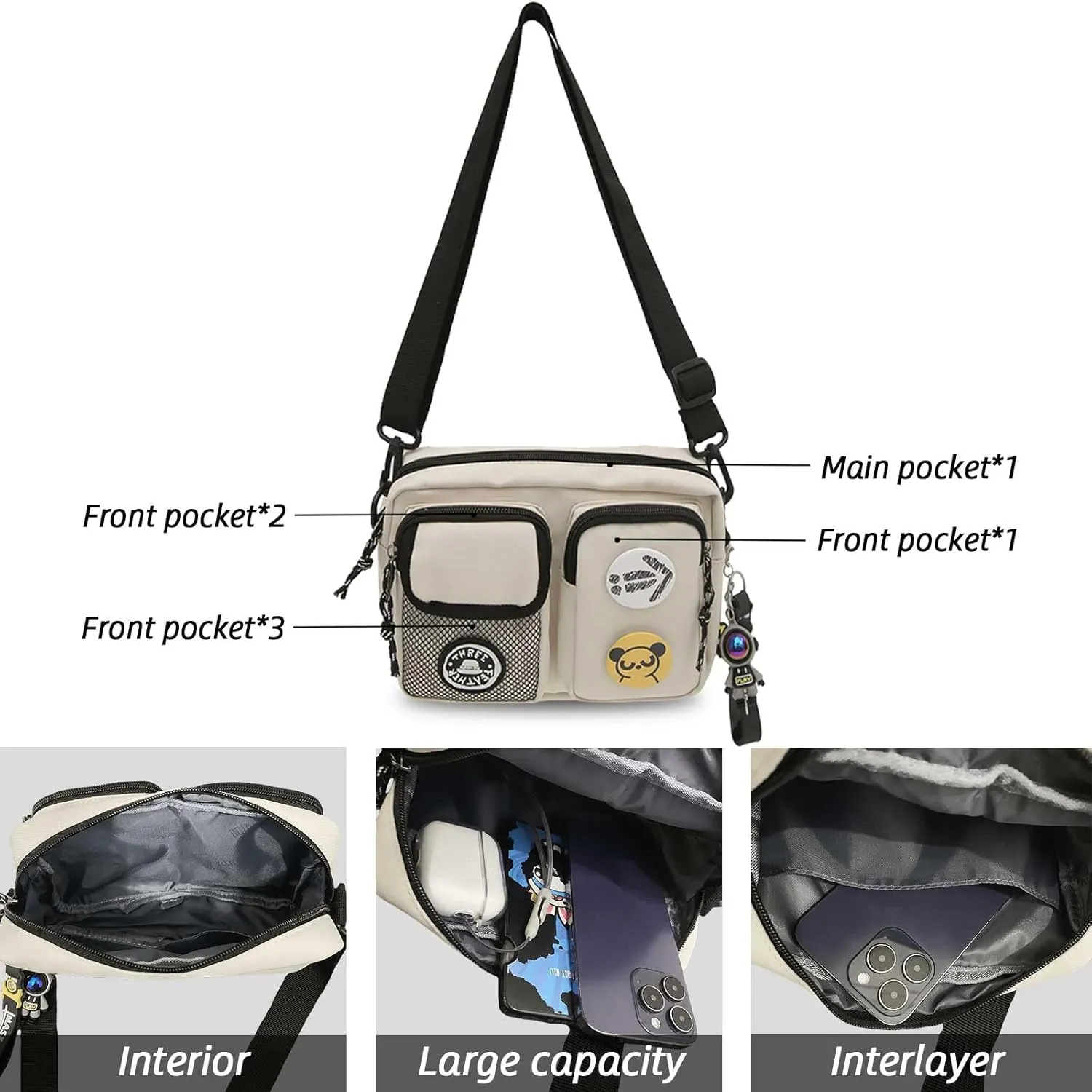 Teclado Fashion Crossbody Bag with Cute Accessories Casual Shoulder Bag with Pendants Purse Travel Daypacks