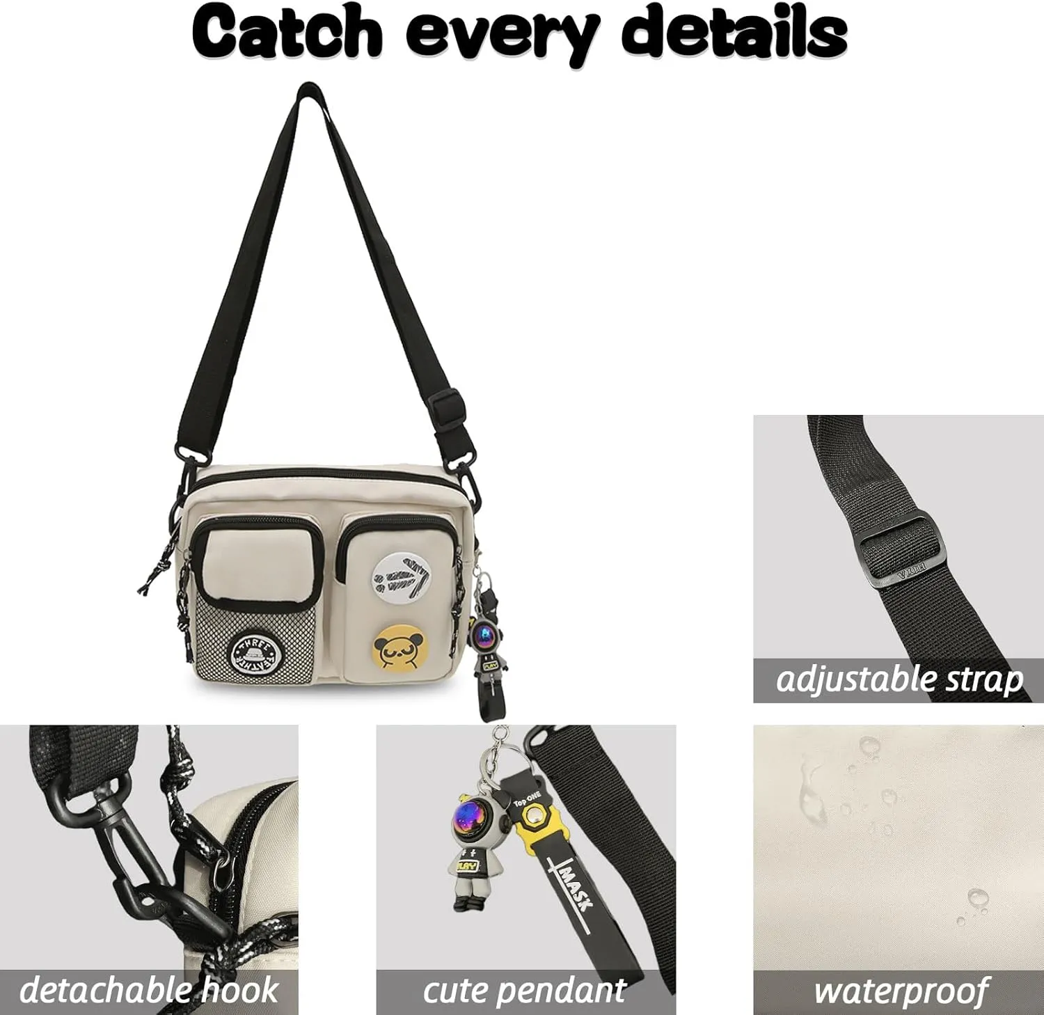 Teclado Fashion Crossbody Bag with Cute Accessories Casual Shoulder Bag with Pendants Purse Travel Daypacks