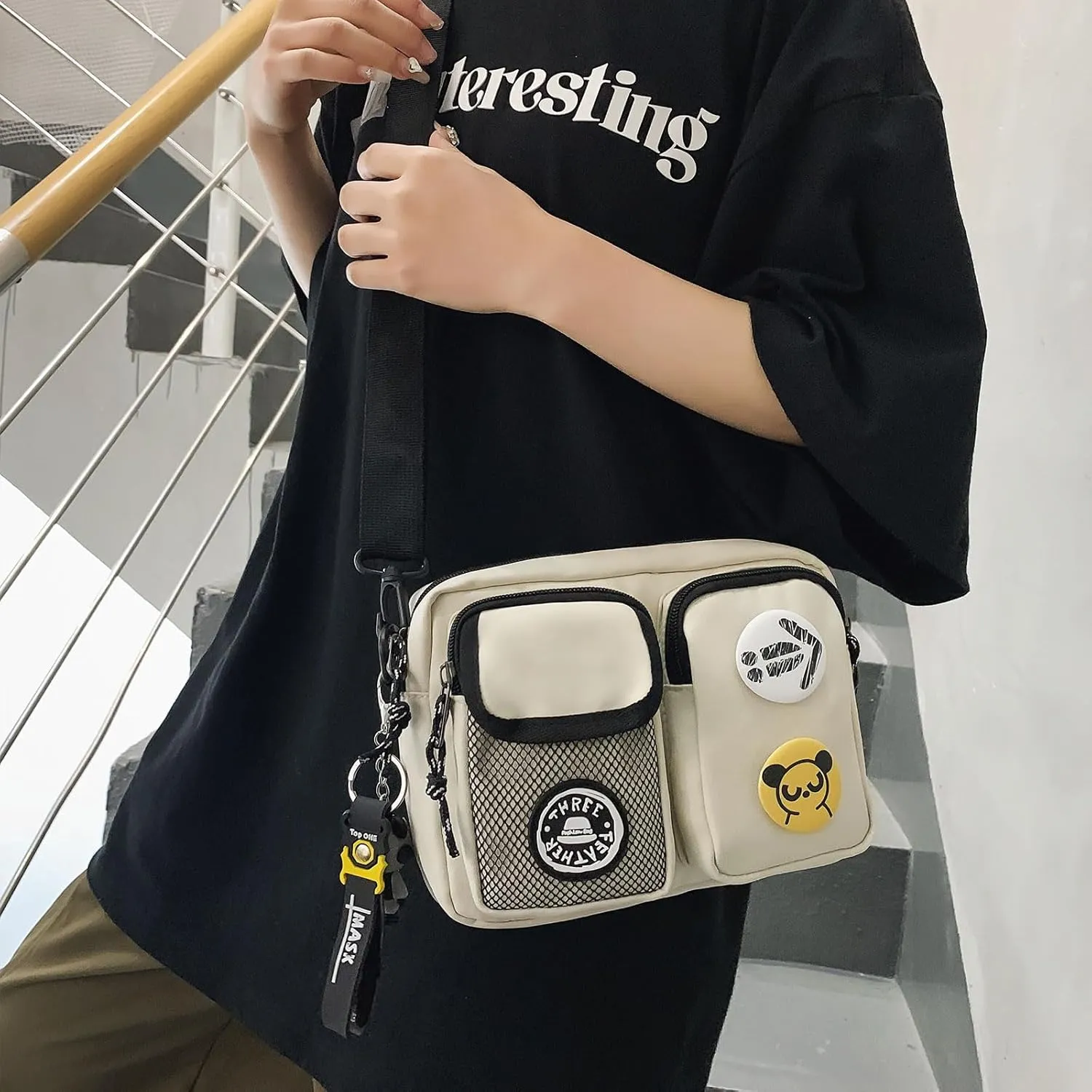 Teclado Fashion Crossbody Bag with Cute Accessories Casual Shoulder Bag with Pendants Purse Travel Daypacks