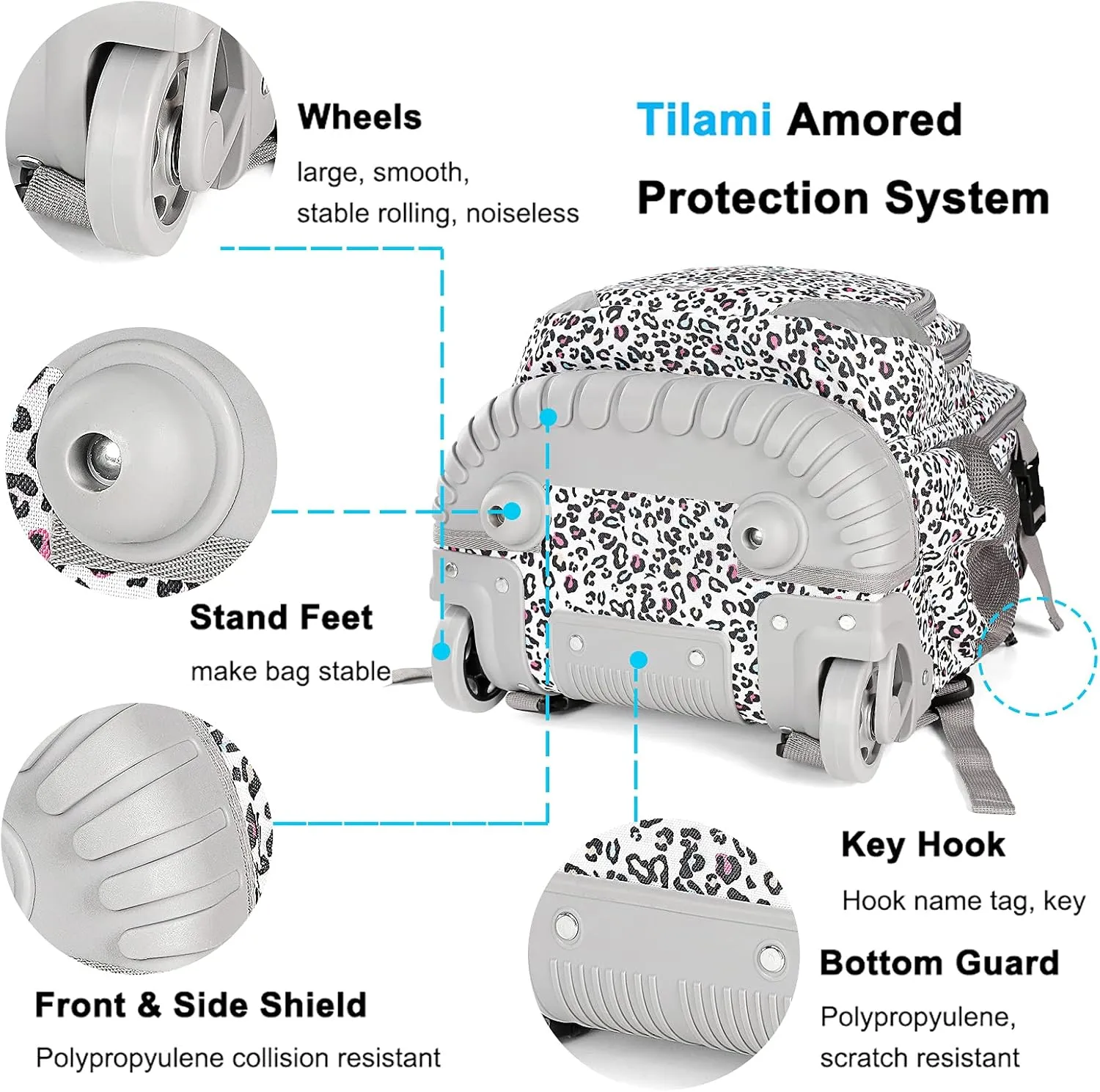 Tilami Rolling Backpack 19 inch with Lunch Bag Wheeled Laptop Backpack, Leopard White