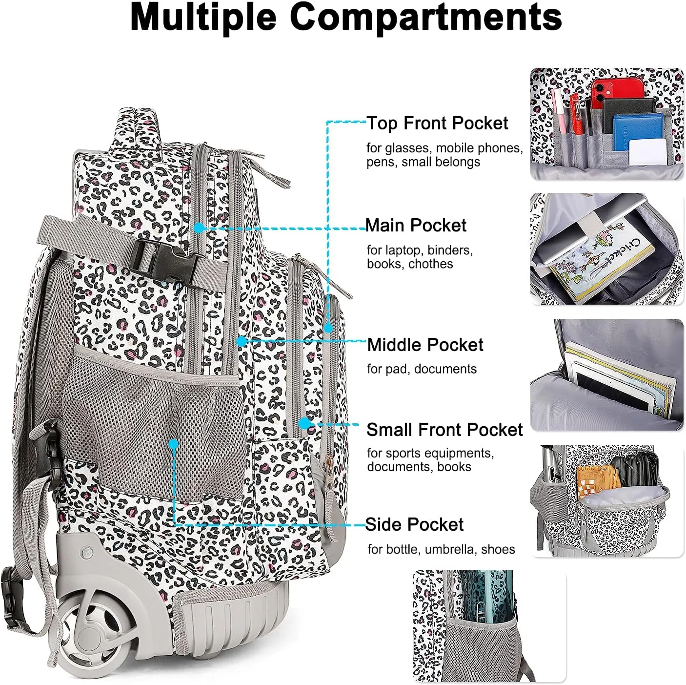 Tilami Rolling Backpack 19 inch with Lunch Bag Wheeled Laptop Backpack, Leopard White