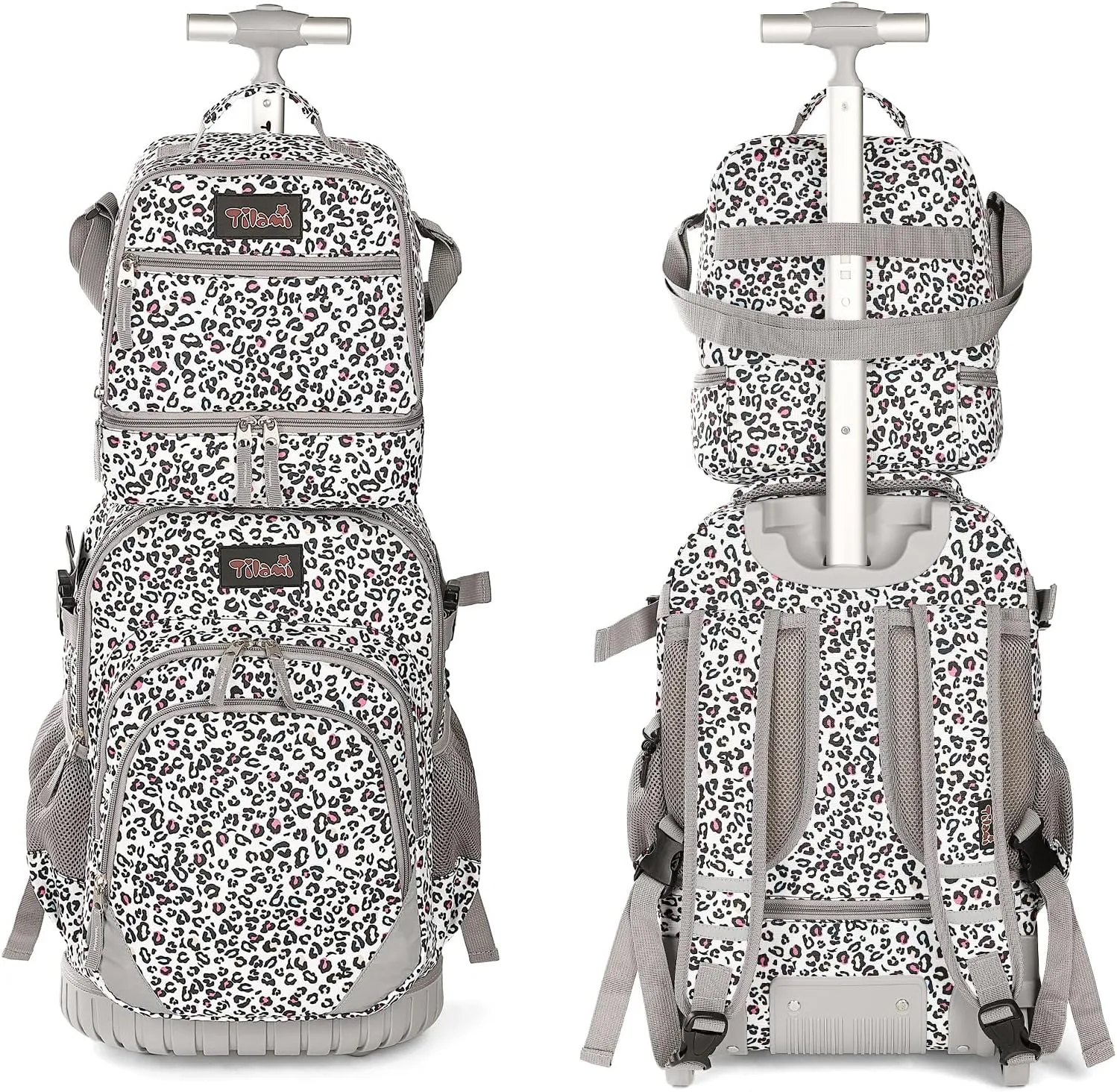 Tilami Rolling Backpack 19 inch with Lunch Bag Wheeled Laptop Backpack, Leopard White