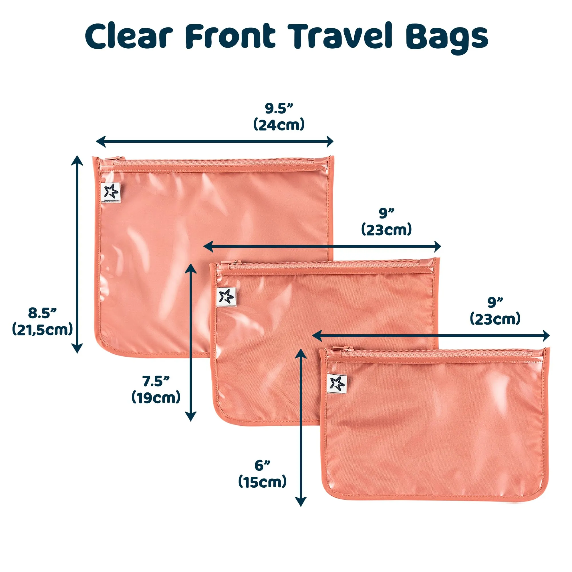 Tiny Twinkle Mess-proof Travel Bags, Airline Compliant, Zipper Closure, Clear Front Pouch, Diaper Bag Packing, Toiletry or Cosmetics Organizer 3 Pack Set