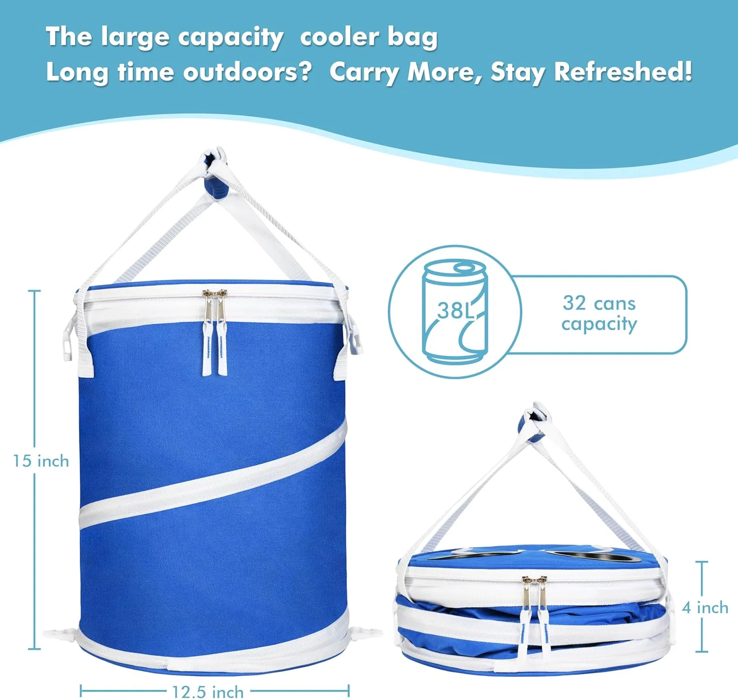 Tirrinia Large Pop-Up Cooler Bag- Insulated Collapsible Cooler with Flat Drink Table, Lightweight and Portable Ice Round Cooler for Travel, Fishing, Picnics, Hiking, Camping and Beach,Black