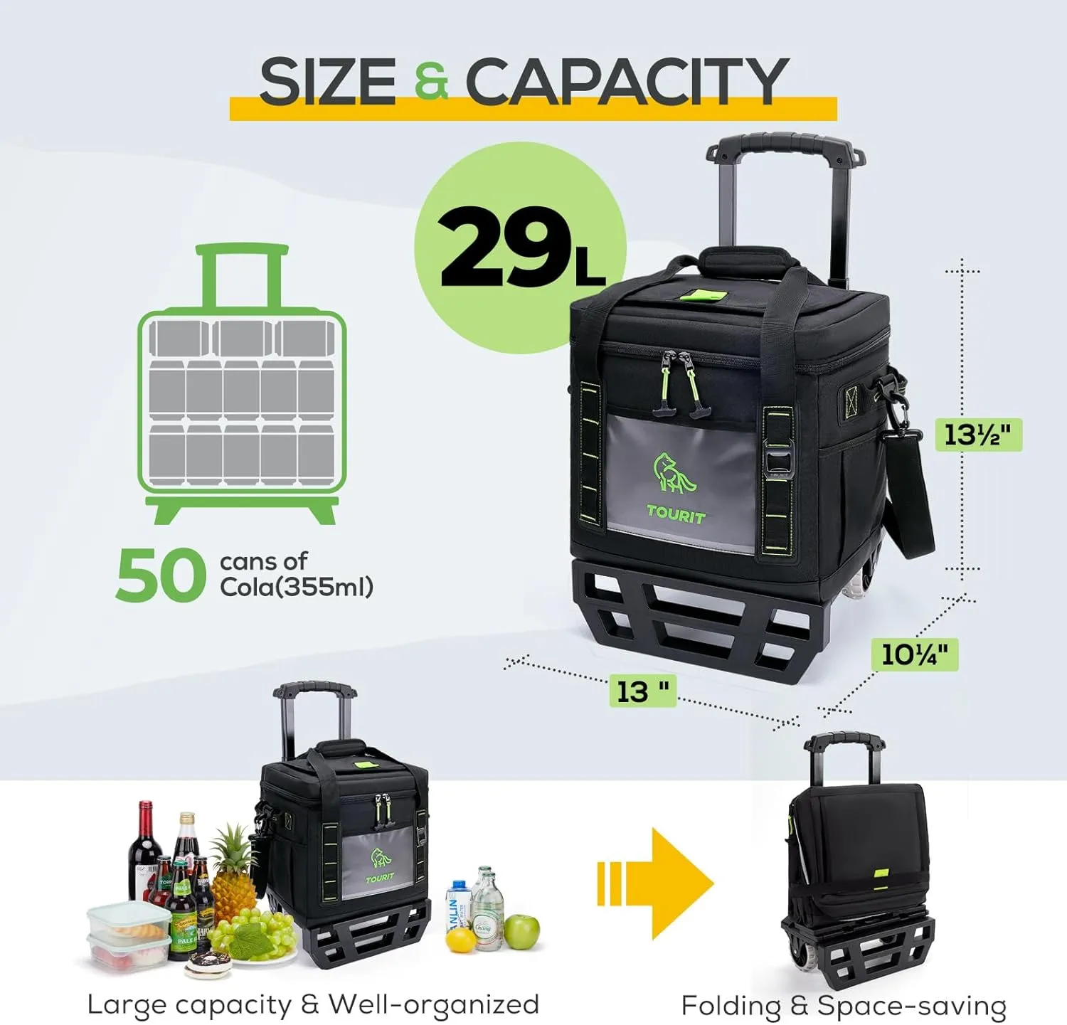 TOURIT Portable 50-Can Collapsible Rolling Soft Cooler with 29L Space & Reinforced All-Terrain Cart with Wheels Easy Transportation, Large Leakproof Travel Beach Ice Chest for Grocery Shopping