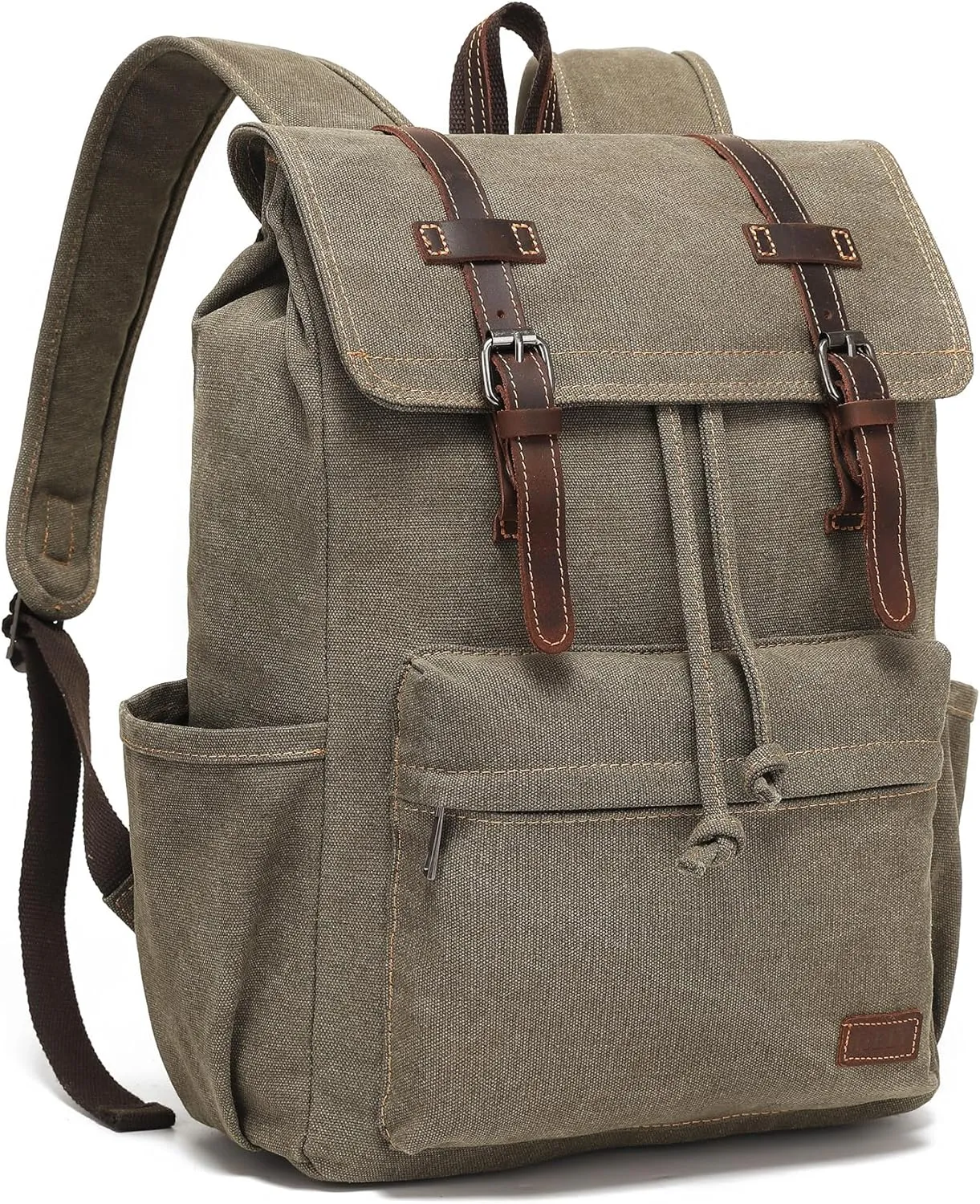 Travel Backpack for Men: Laptop Backpack Vintage Leather Canvas Backpack with Multiple Pockets & Laptop Sleeve for School, College Computer Bag Rucksack Fits 12.9 Inch Notebook, Army Green