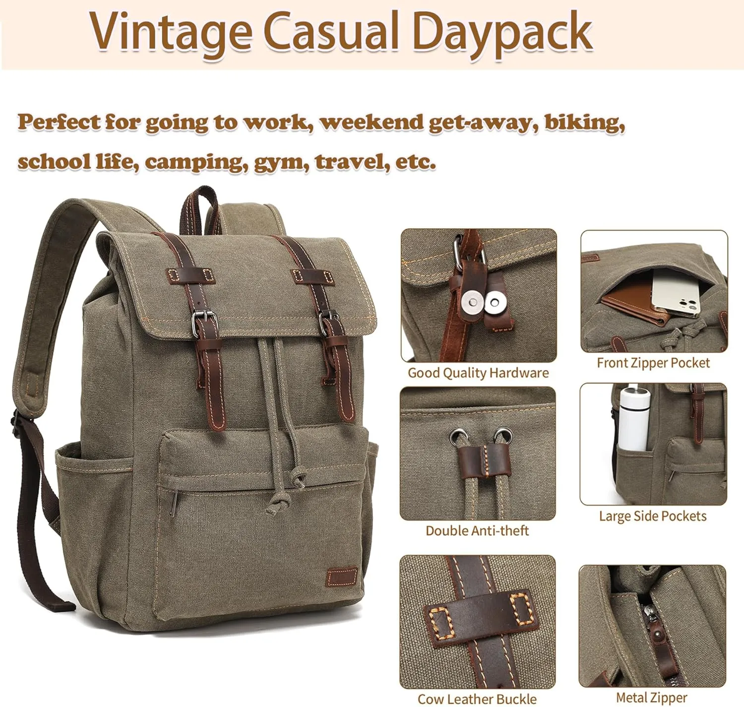 Travel Backpack for Men: Laptop Backpack Vintage Leather Canvas Backpack with Multiple Pockets & Laptop Sleeve for School, College Computer Bag Rucksack Fits 12.9 Inch Notebook, Army Green