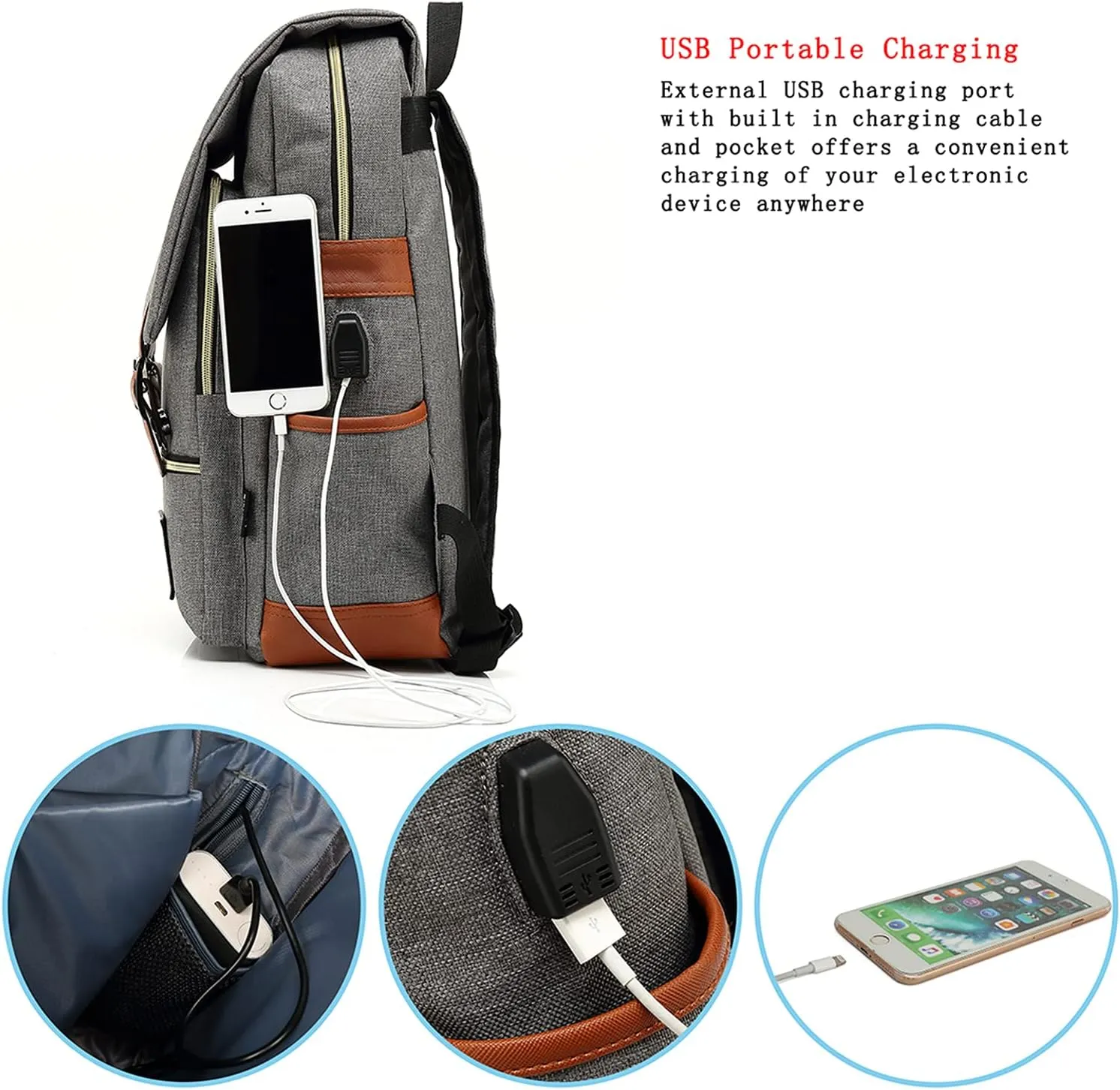 UGRACE Laptop Backpack, Grey, Unisex, 15.6" Laptop Compartment, 6 Compartments, USB Charge Port, Adjustable Shoulder Strap, PU Leather Belt