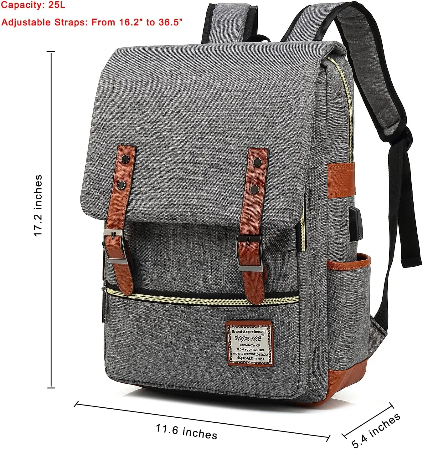 UGRACE Laptop Backpack, Grey, Unisex, 15.6" Laptop Compartment, 6 Compartments, USB Charge Port, Adjustable Shoulder Strap, PU Leather Belt