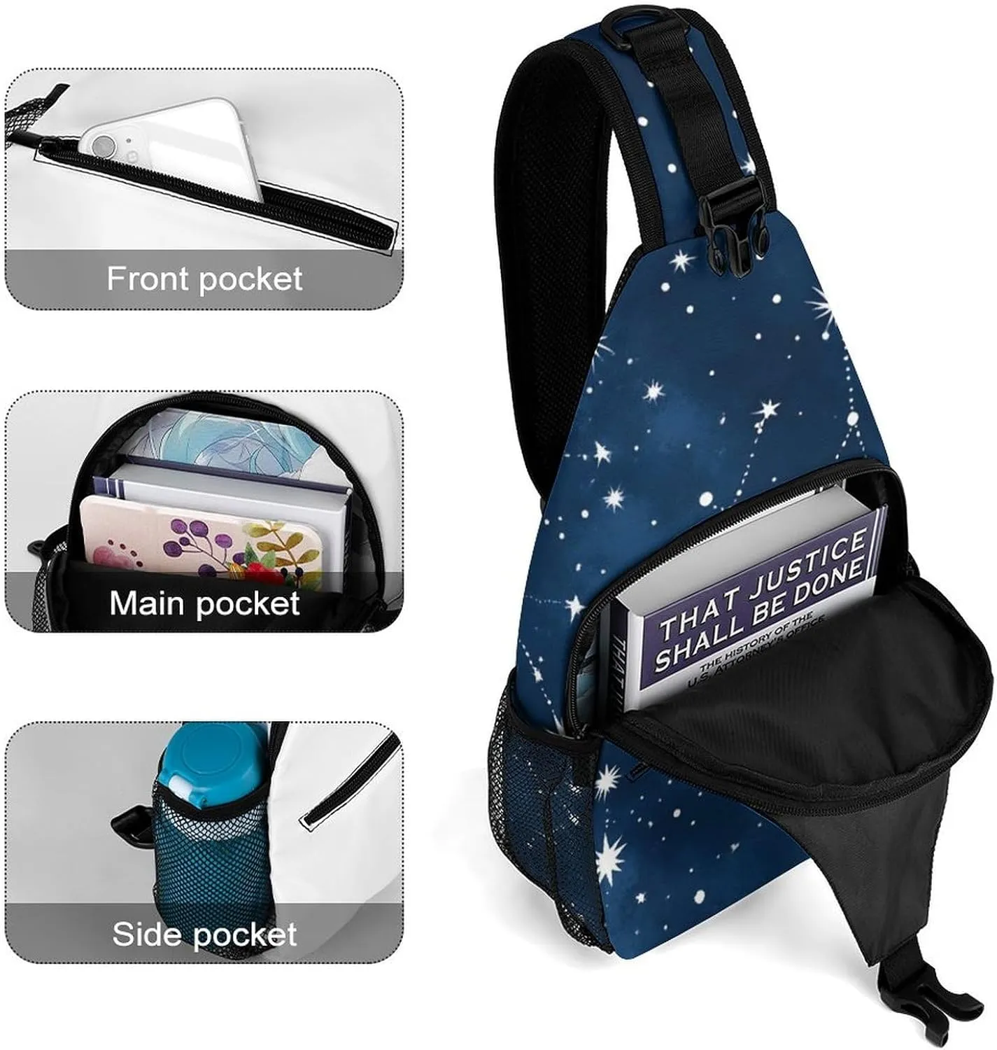 Ultra Lightweight Sling Shoulder Backpack Crossbody Daypacks Chest Shoulder Packs Multipurpose Anti-Theft Bag for Hiking Cycling Walking Dog, Constellation Galaxy Starry Night Stars Glow Midnight